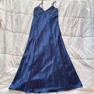 Womens Y2K Retro Blue Maxi Dress Slip Chemise Babydoll L Gown Navy High Slit